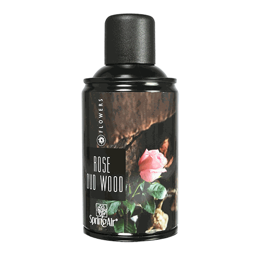 Spring Air Duftspray in schwarzer Sprühdose mit Rosen- und Oud-Holz-Motiv sowie rosa Blüte auf dem Etikett.
