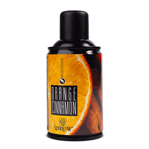 Spring Air Duftspray in schwarzer Metallsprühdose mit Etikett in Orange und Braun, Motiv aus Orange und Zimt.