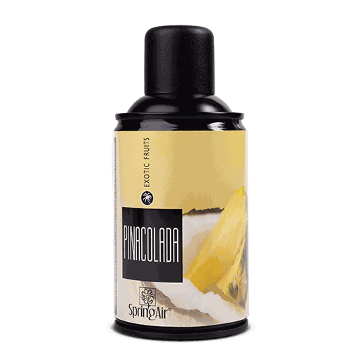 Spring Air Duftspray in schwarzer Metalldose mit gelb-beigem Pinacolada-Etikett und Ananasmotiv.
